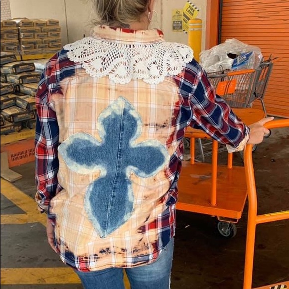 Sassy Britches and Wild Stitches Originals Tops - Bleached Dip Dyed UpCycled Flannel Shirt Boutique